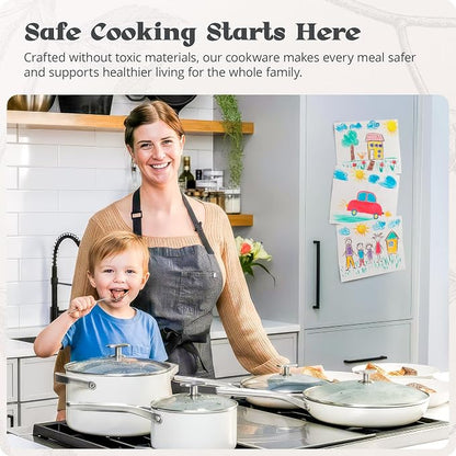 Premium Non-Toxic Ceramic Cookware Set – Triple-Layer Nonstick 12 Piece Pots and Pans with Lids, PFAS-Free, Oven Safe for Healthy Meals, Space-Saving Design, Birch White Color | Greater Goods