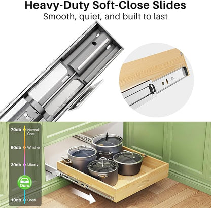 Pull Out Cabinet Organizer, Soft Close Wooden Slide Out Drawers for Pots and Pans, Full-extension Roll Out Shelves for Kitchen Cabinets, Pantry Organization, Bottom & Side Mount(17"W X 21"D x 3.4''H)