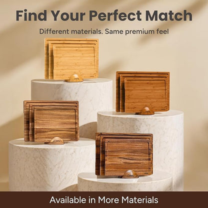 SMIRLY Wooden Cutting Boards for Kitchen - Rubberwood Cutting Boards for Meal Prep, Serving, Charcuterie - Kitchen Gadgets, House Warming Gifts - Wood Chopping Board Set of 3 with Holder
