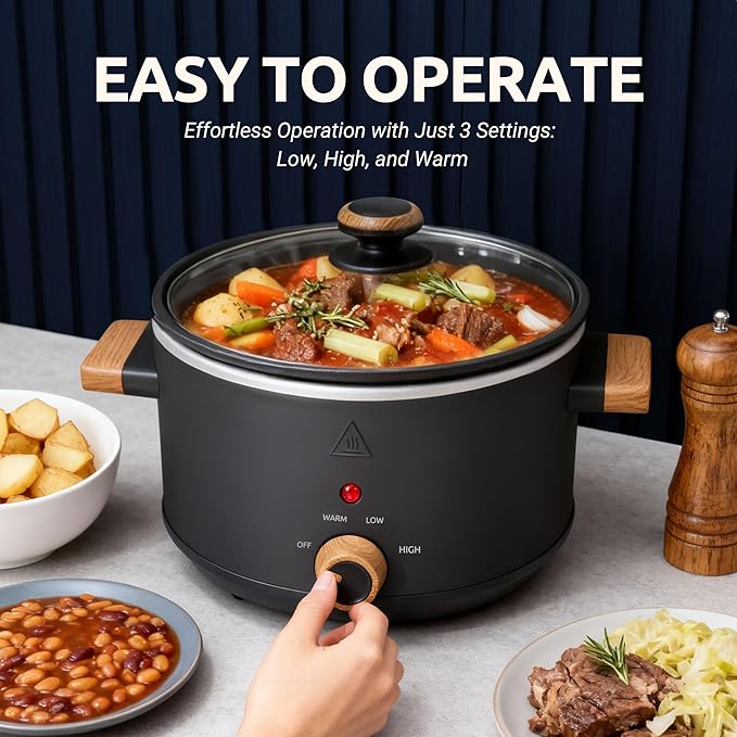 3 Quart Slow Cooker with Aluminum Inner Pot, 3 Temperature Settings, Dishwasher-Safe Removable Pot & Glass Lid, Wood-Grain Handle Design, Compact Electric Cooker for Home Meals, Black