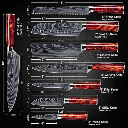 SENKEN 8-Piece Japanese Knife Set with Red Resin Handle and Laser Damascus Pattern - Crimson Collection - Chef's Knife, Cleaver, Santoku, Bread Knife, Paring Knife, & More (Crimson Red)