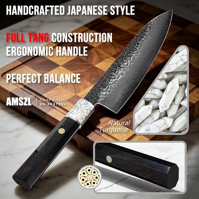 8" Japanese VG10 Damascus Chef Knife – White Turquoise, Ebony Handle | HRC 60-62, stays sharp 3X longer. 5-layer Damascus, full tang octagonal ebony handle with genuine white turquoise