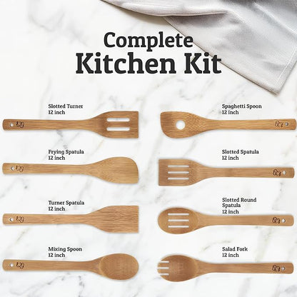 PriorityChef Wooden Spoons for Cooking, 8Pc Non Scratch Bamboo Cooking Utensils, Non-Toxic Wooden Utensil Set, Easy to Clean Kitchen Utensils Set for Everyday Use on All Cookware Types