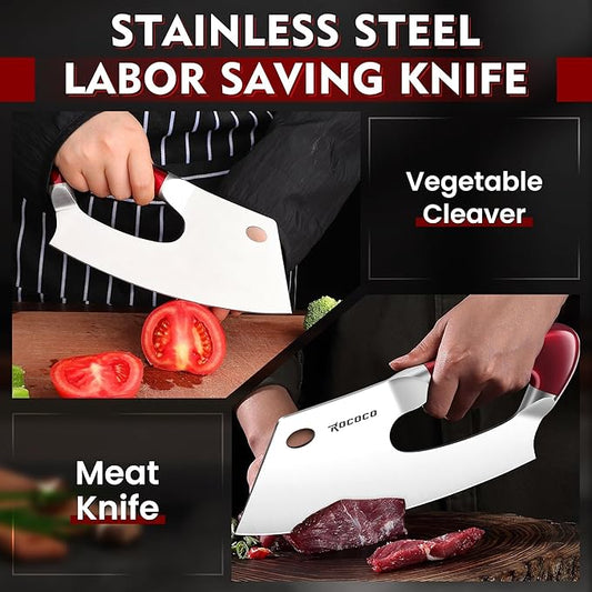 ROCOCO Easy Handle Meat Cleaver - Effort Saving Chef Knife Unique Professional for Kitchen Cutting Meat Vegetable Birthday Gift Red Stainless Steel