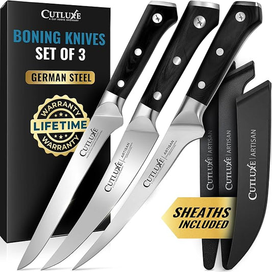 Cutluxe 3-Piece Boning Knife Set – 6" Razor-Sharp Straight, Curved & Flexible Blades, Fillet knife for Fish & Meat Cutting – High Carbon German Steel – Full-Tang Ergonomic Handles – Artisan Series
