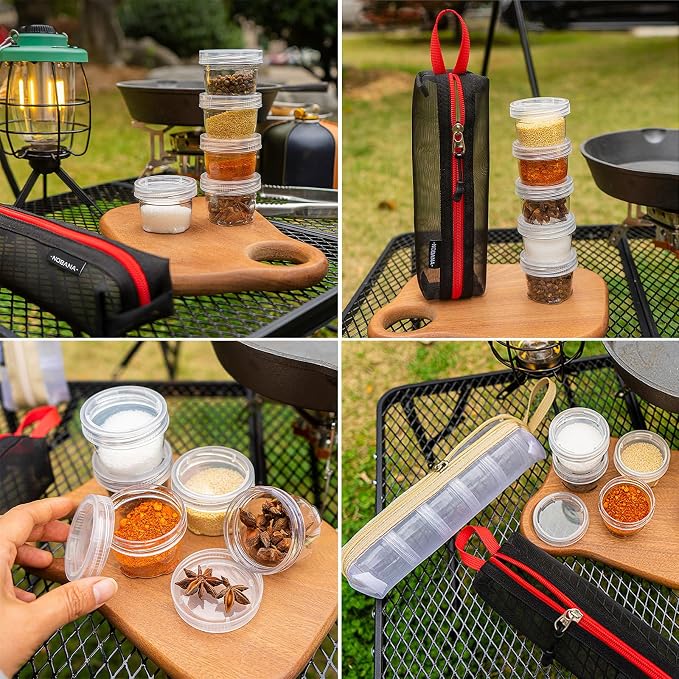 Muloo Camping Spice Kits, Travel Spice Container Bag with 5 Clear Seasoning Bottles Outdoor Spice Jar Kits, Spice Containers, Black