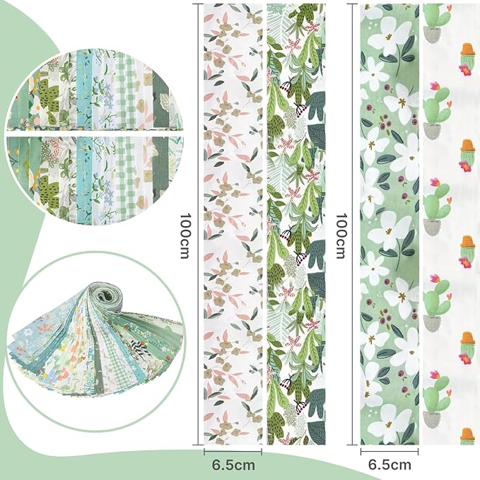 40 Pcs Jelly Roll Fabric Strips for Quilting Fabrics, Sewing Supplies 2.6 Inch Precut Cotton Fabric Bundles, Perfect for Quilt Projects,Floral Patchwork Leaf Green