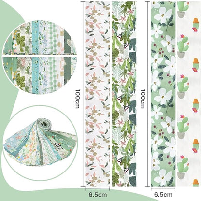 40 Pcs Jelly Roll Fabric Strips for Quilting Fabrics, Sewing Supplies 2.6 Inch Precut Cotton Fabric Bundles, Perfect for Quilt Projects,Floral Patchwork Leaf Green