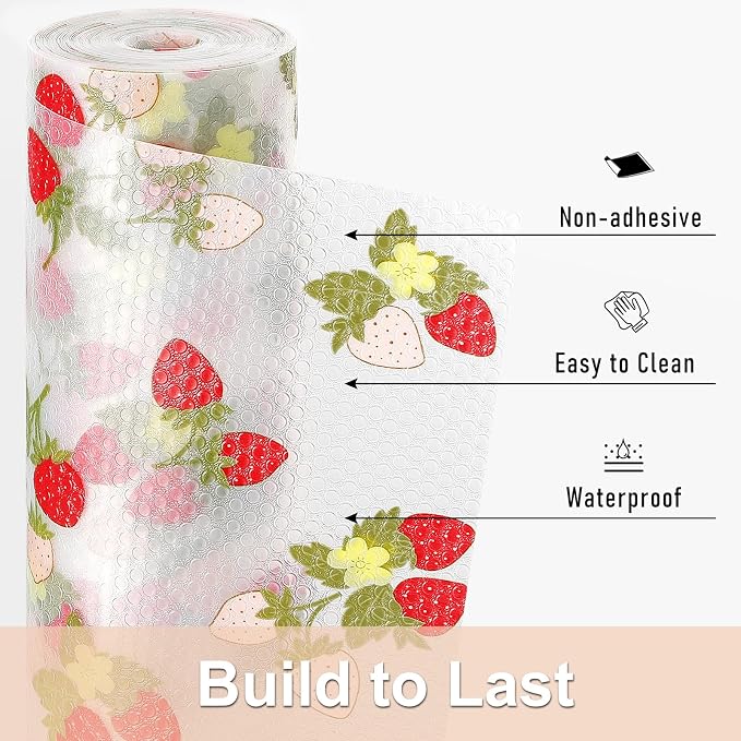 Cooyes Shelf Liner for Kitchen Cabinets, Premium Non-Adhesive EVA Mats for Drawers, Shelves, Refrigerator, Pantry Storage, Bathroom Closet, Fridge (11.8" W x 360" L, Red Strawberry)