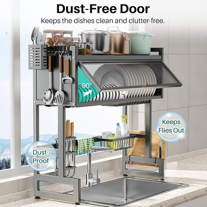Over The Sink Dish Drying Rack with Cover, Over The Sink Dish Drainer Drying Rack 3 Tier Dish Rack, Keep Kitchen Sink Shlef Organized Space-Saving for Dishes and Cutlery (Matte Gray, 33.4" Length)