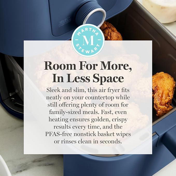 Martha Stewart 6QT Air Fryer, 6-in-1, Bake, Broil, Roast, Air Fry, Dehydrate, Reheat, Ceramic Non-Stick Basket, Crispy Results Fast, 400°F Max Temp, Shake Reminder, Indigo Blue