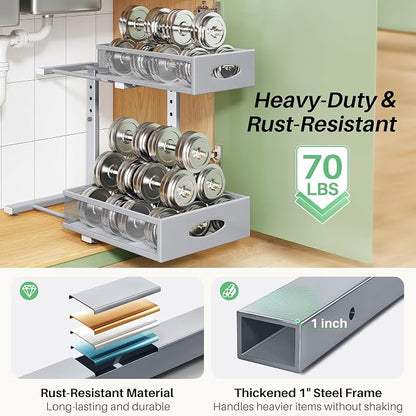 Under Sink Organizer, 1-Pack Pull Out Cabinet Organizer 2 Tier Metal Slide Out Storage Shelf Rack, L-Shaped Adjustable Height,Mesh Sliding Drawer for Kitchen, Bathroom, Laundry, Pantry, Grey, XL
