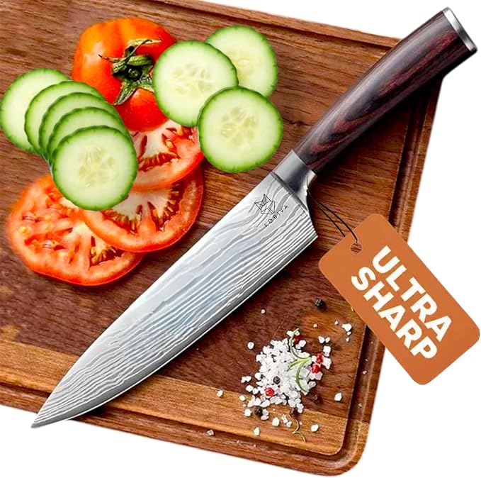 Japanese Chef Knife 8 Inch | High Carbon Stainless Steel Kitchen Knife | Ultra Sharp Damascus-Pattern Blade | Ergonomic Handle | Professional Cooking Knife for Meat, Fish & Vegetables | Gift