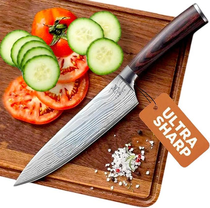 Japanese Chef Knife 8 Inch | High Carbon Stainless Steel Kitchen Knife | Ultra Sharp Damascus-Pattern Blade | Ergonomic Handle | Professional Cooking Knife for Meat, Fish & Vegetables | Gift