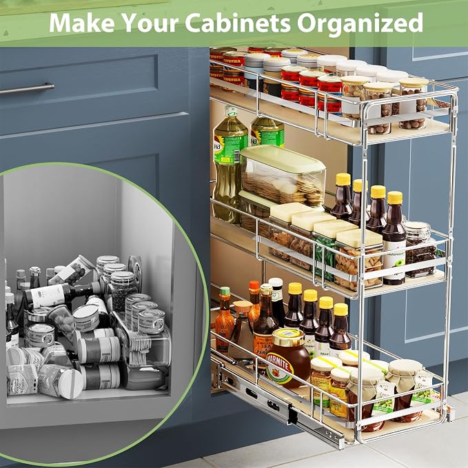 ROOMTEC 3-Tier Pull Out Cabinet Organizer Spice Rack for Narrow Cabinet 5" W x 20½" D, Slide Out Wood Shelves Storage for Kitchen