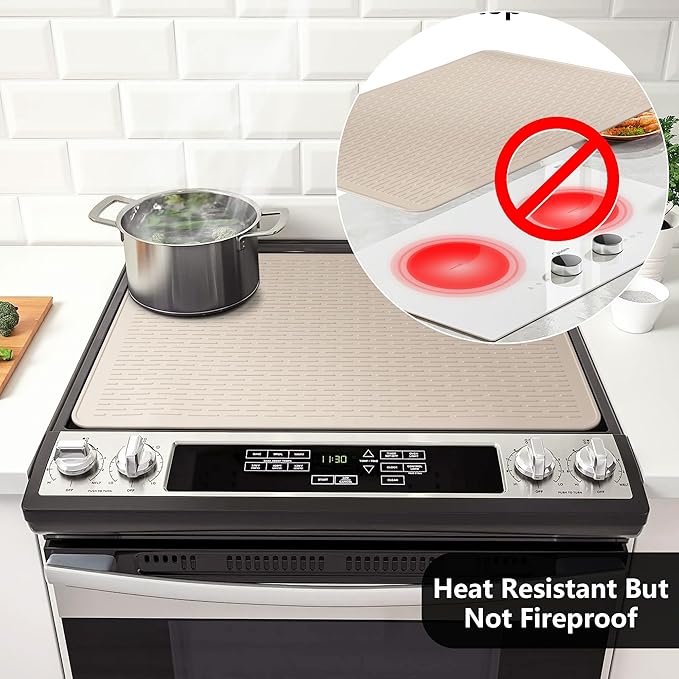 Stove Top Cover for Electric Stove- Range Covers for Electric Stove,Silicone XXL Dish Drying Mat, Glass Cooktop Covers, Flat RV Range top Mats (Taupe Thickened, 30"x21")