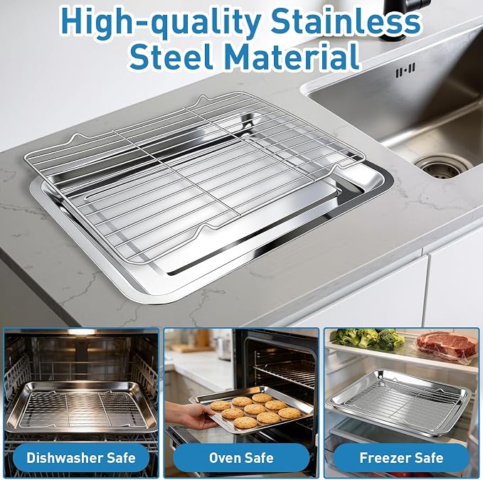 4 PCS Stainless Steel Baking Sheet Set,16 X 12 In Baking Pan (2 Sheets + 2 Racks) with Stainless Steel Fork,Spoon and Knife,Rust Baking Tray Pan for Kitchen Oven,Easy Clean&Durable