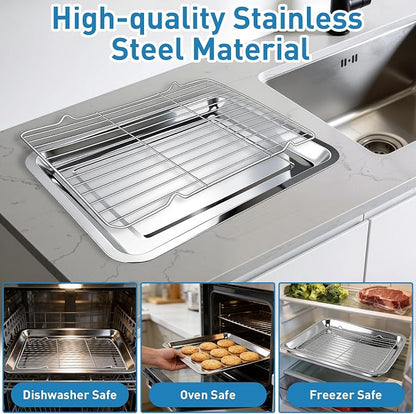 4 PCS Stainless Steel Baking Sheet Set,16 X 12 In Baking Pan (2 Sheets + 2 Racks) with Stainless Steel Fork,Spoon and Knife,Rust Baking Tray Pan for Kitchen Oven,Easy Clean&Durable
