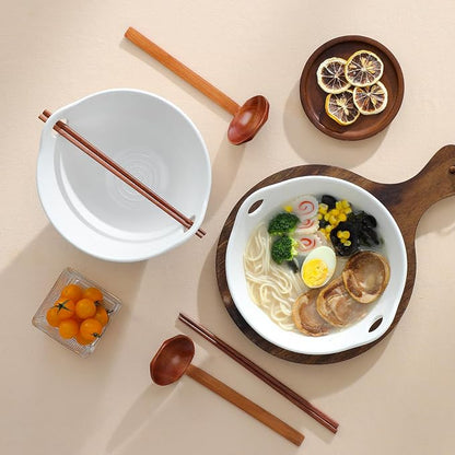 MALACASA Ceramic Ramen Bowl Set – 42 oz, with Wooden Spoon & Chopsticks, Microwave & Oven Safe, Japanese Style Soup Bowls for Ramen, Pho, Noodles – Set of 2, White & Khaki – TARA Series