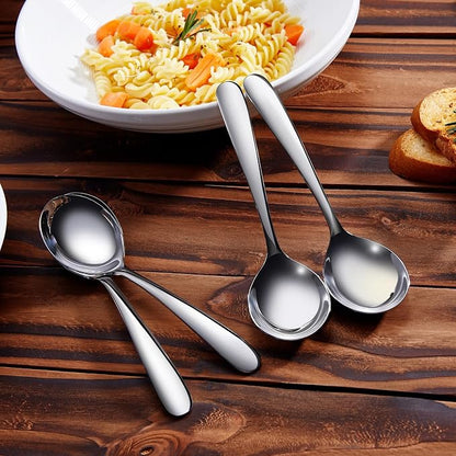 KEAWELL Premium 7.3 Inches Soup Spoons with Hook Handle, Set of 4, 18/10 Stainless Steel, Deep Bowl, Perfect for Ramen, Pho, Miso, Dumplings, Noodles, Wonton, Dishwasher Safe (Round-Handle)