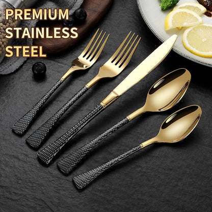 Lemeya Hammered Black Gold Silverware Set,30 Piece Modern Flatware Set Service for 6,Mirror Polished Stainless Steel Cutlery Set Utensil Set,Kitchen Knives Forks Spoons Set,Dishwasher Safe