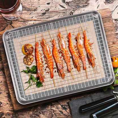 Baking Sheet with Rack & Silicone Mat Set, E-far 12.4”x9.7” Stainless Steel Cookie Sheet Broiling Pan for Oven, Rimmed Metal Tray with Wire Rack for Cooking/Cooling/Bacon/Steak - Dishwasher Safe