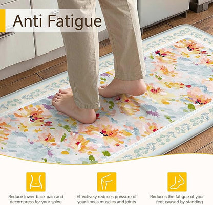 Anti Fatigue Kitchen Mats 2PCS Thick Non Slip Cushioned Rugs Blue Abstract Floral Waterproof Comfort Standing Mats for Floor Sink Laundry Office 17.3"×47"+17.3"×30"