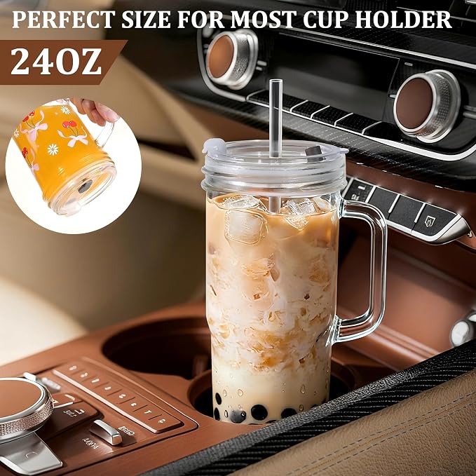 Birity 24oz Pink Bow Glass Cups with Lids and Straws,2 Set Glass Tumbler with Handle,Galss Cup with Stickers and Aesthetic Iced Coffee Cup for Smoothies,Tea,Juice,Boba,Christmas