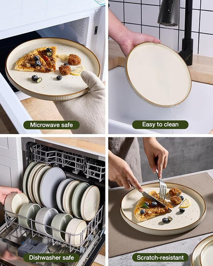 Famiware Star 24-Piece Stoneware Dinnerware Sets with Trim, Service for 8 - Ceramic Plates and Bowls Set, Ribbed Dishes with High Edge, Chip & Scratch Resistant, Microwave & Dishwasher Safe, Cream