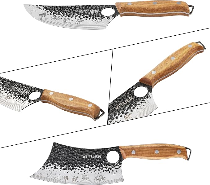3PCS Butcher Knife Set, Hand Forged 7" Butcher Meat Cleaver, 7" Serbian Chef and 6.5" Viking Knife, Great for Indoor & Outdoor (Stylish Pattern Design)