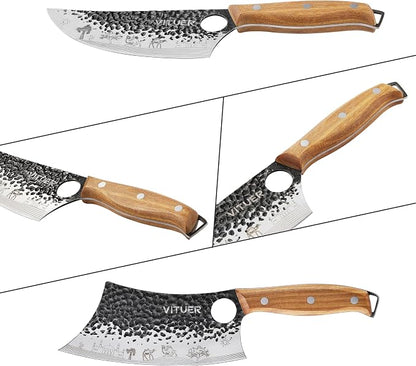 3PCS Butcher Knife Set, Hand Forged 7" Butcher Meat Cleaver, 7" Serbian Chef and 6.5" Viking Knife, Great for Indoor & Outdoor (Stylish Pattern Design)