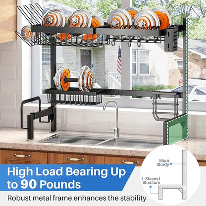 SNTD Over The Sink Large Dish Drying Rack, Metal, 26.8"-34.6", Black | Adjustable Length, Rust-Resistant, Utensil Holder, Cup Holder, Cutting Board Holder, Knife Holder, Sponge Holder and Hooks