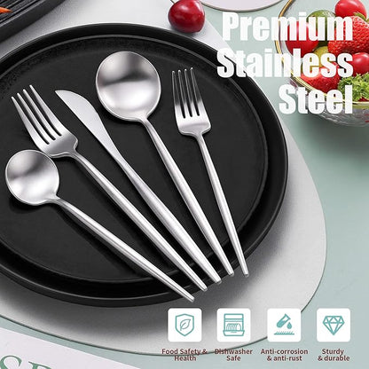 Lemeya Matte Silverware Set for 4,Modern Stainless Steel Brushed Cutlery Set,20-Pieces Heavy Duty Flatware Set,Knives Spoons and Forks Set Utensils Set, Satin Finish, Dishwasher Safe
