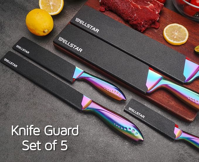 WELLSTAR Knife Edge Guards Set, 5 Piece Universal Blade Covers, BPA Free ABS Protective Blade Sheaths, Non-Scratch Felt Lining Kitchen Knives Covers (Knives not included)