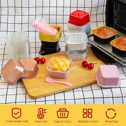 LNYZQUS 5oz Mini Cake Pans with Lids 25 Pack, Small Foil Baking Cups Muffin Tin, Square Individual Cupcake Containers for Oven, Disposable Ramekins Liners for Bake Sale Wedding -White