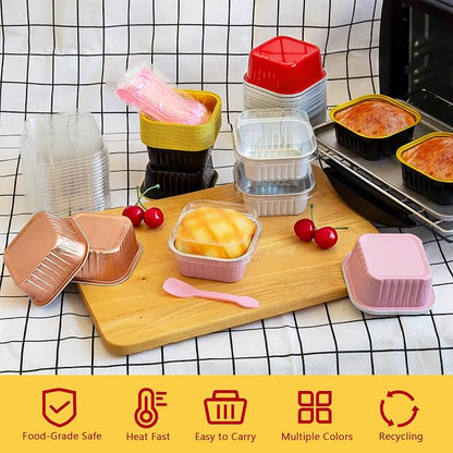 LNYZQUS Mini Cake Pans with Lids 25 Pack,10oz Small Foil Baking Cups Disposable Square Muffin Tins, Individual Cupcake Containers 4” Brownie Pan for Thanksgiving Baking Gifts-Champagne