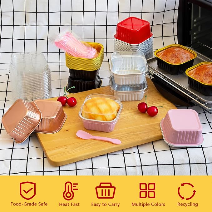 LNYZQUS Mini Cake Pans with Lids 25 Pack,10oz Small Baking Tins Foil Muffin Cups for Brownie, Individual 4” Bread Pan Disposable Cupcake Containers for Valentine Holiday Bake Sale-Pink