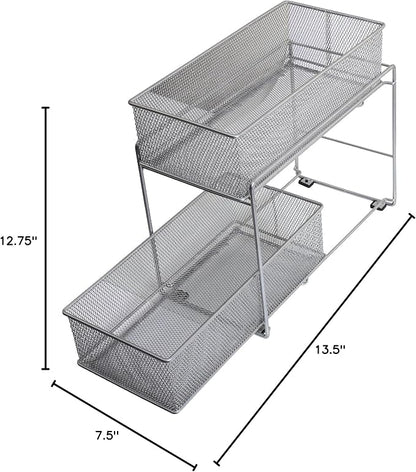 YBM Home Silver 2 Tier Mesh Sliding Spice and Sauces Basket Cabinet Organizer Drawer 2304