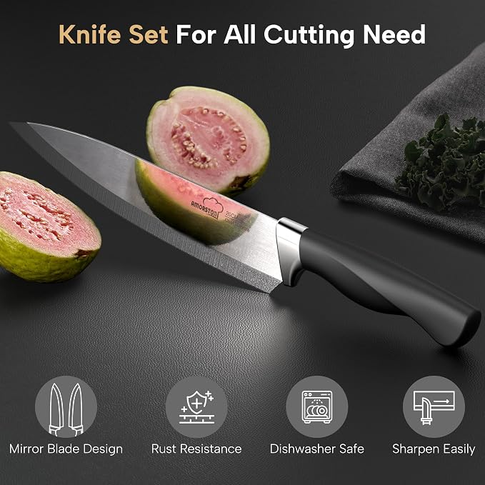 Knife Set, Amorston 14-Piece Kitchen Knives Set with Block & Sharpening Stone, Stainless Steel Dishwasher Safe, Knife Block Set with Ergonomic Handle, Professional Kitchen Knives for Home Cooking