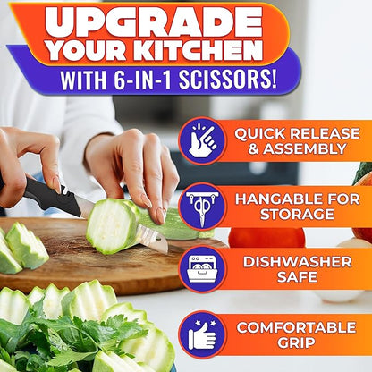 7-in-1 Cutting Board Scissors for Food - Heavy Duty Vegetable Scissors Food Cutter with Ribbed Blades, Chopping Board, Spring Assist, Safety Lock, Dishwasher Safe, Suitable for Meat & Vegetables