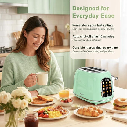 Mecity Toaster 2 Slice, Touch Screen Wide Slot Retro Toaster For Breads Bagel Muffin Waffle, House Warming Gift New Home, 120V 825W, Light Green