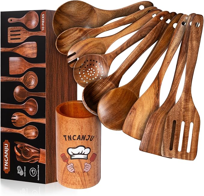 Wooden Spoons for Cooking, 10 Pcs Acacia Wood Cooking Utensils Set with Hand Painted Holder, Wooden Kitchen Utensils Set for Nonstick Cookware, Gift Box