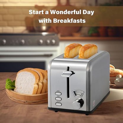 Simple Deluxe Stainless Steel Toaster 2 Slice with 1.5” Wide Slot & Removable Crumb Tray, 5 Shade Options and Bagel/Defrost/Cancel Functions, for Various Bread & Waffle, Retro Silver