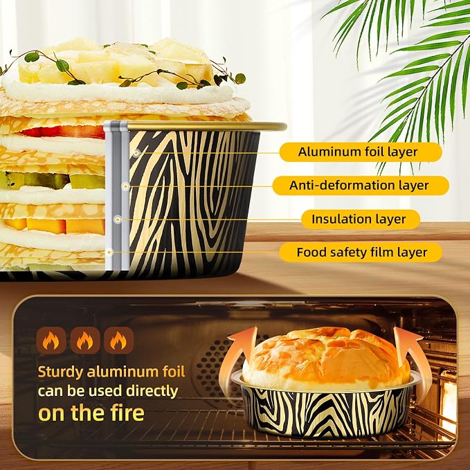 Beasea Disposable Ramekins with Lids, 120 Pack 7.3oz Mini Pie Tins Small Aluminum Foil Pie Tart Cake Baking Pans Individual Round Creme Brulee Containers for Party - Tiger Stripes