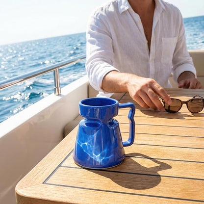 Wide Bottom Handmade Coffee Mug, Tip-Proof Ceramic Mug with Weighted Non-Slip Base, Stable Desk & Travel Mug for Office, RV & Boat, Retro Sci-Fi Design, Unique Appreciation Gift