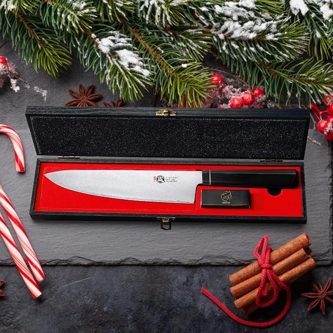MITSUMOTO SAKARI Gyuto Chef Knife 8 Inch, Japanese VG-10 Hand Forged Kitchen Knife for Meat & Vegetables, G10 Handle with Sandalwood Box