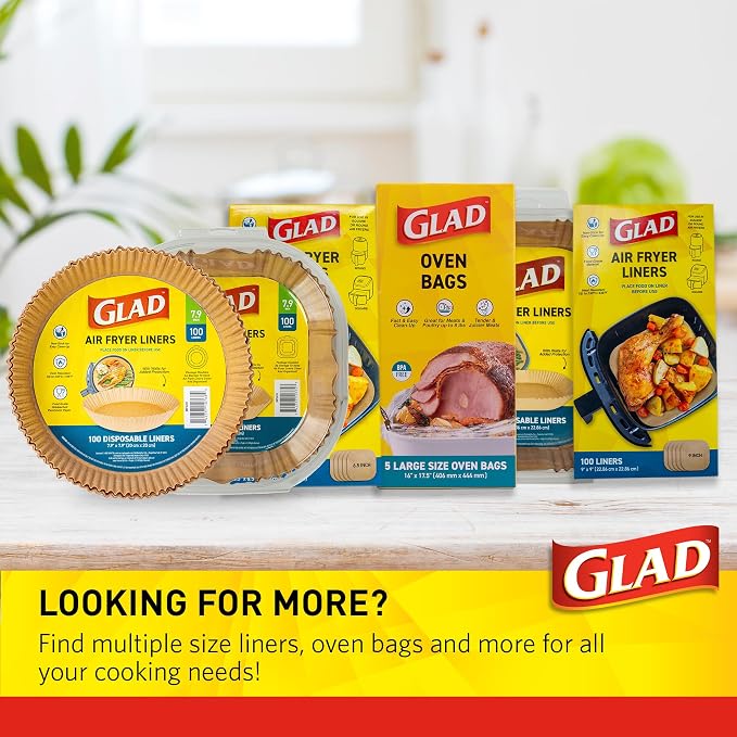Glad Air Fryer Parchment Liners with Raised Walls, Nonstick, Heat Resistant to 446 Degrees F, Food-Grade, Round Shape for Round Air Fryer Baskets, 7.9" Diameter, 100 Count