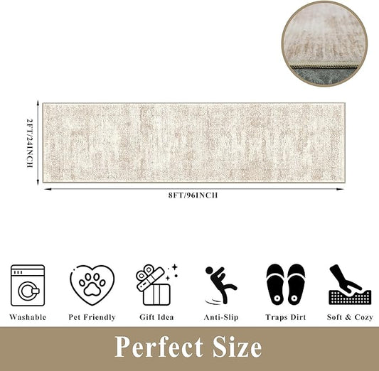 2x8 Runner Rug Washable Hallway: Non Slip Kitchen Runners with Rubber Backing Vintage Farmhouse Neutral Boho Cream Soft Carpet for Bathroom Bedroom Entryway, Cream/Beige