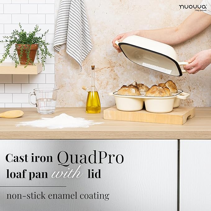 QuadPro Enamelled Cast Iron Bread Loaf Pot – Dutch Oven for Sourdough Bread Baking – 500°F Oven Safe Non Stick Bread Pot – 4 Round Loaf Spaces (4.90-inch Diameter), Cream – by Nuovva