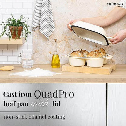 QuadPro Enamelled Cast Iron Bread Loaf Pot – Dutch Oven for Sourdough Bread Baking – 500°F Oven Safe Non Stick Bread Pot – 4 Round Loaf Spaces (4.90-inch Diameter), Cream – by Nuovva